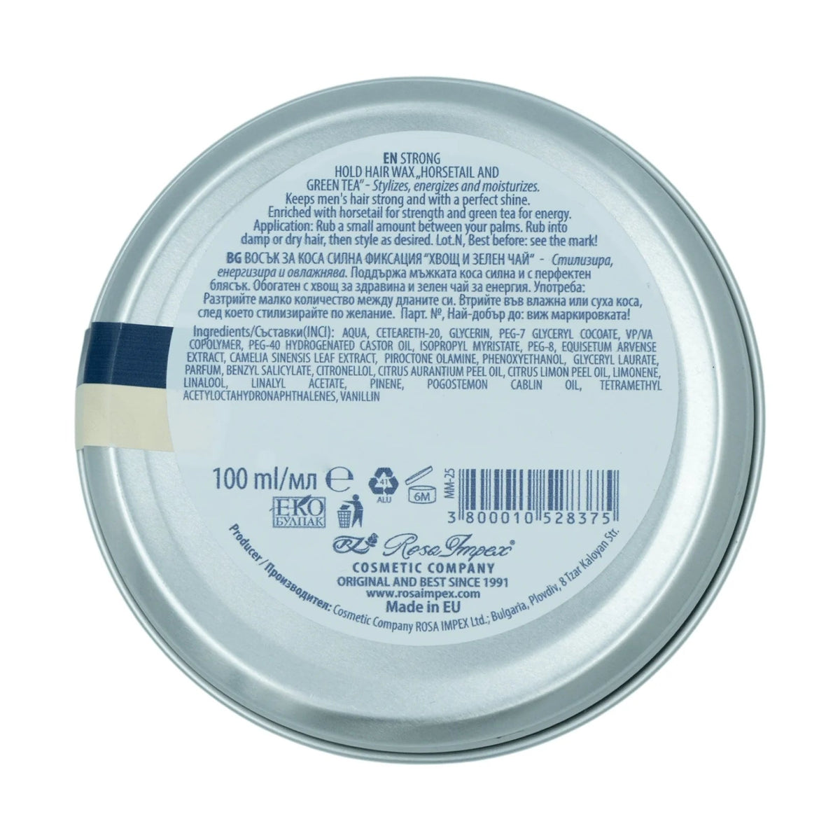 Men's Master Haarwax – onderkant blik met ingrediënten