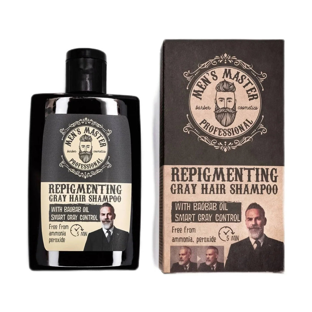 Men's Master Repigmenting Shampoo Tegen Grijs Haar – flacon en doosje naast elkaar