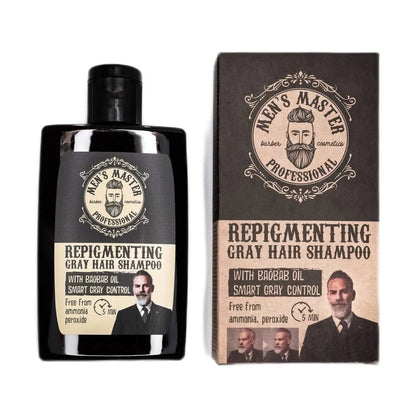 Men's Master Repigmenting Shampoo Tegen Grijs Haar – flacon en doosje naast elkaar