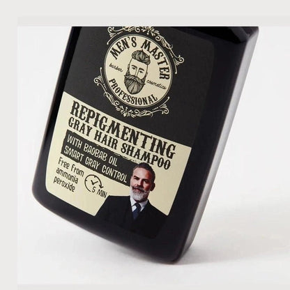 Men's Master Repigmenting Shampoo Tegen Grijs Haar – etiket close-up