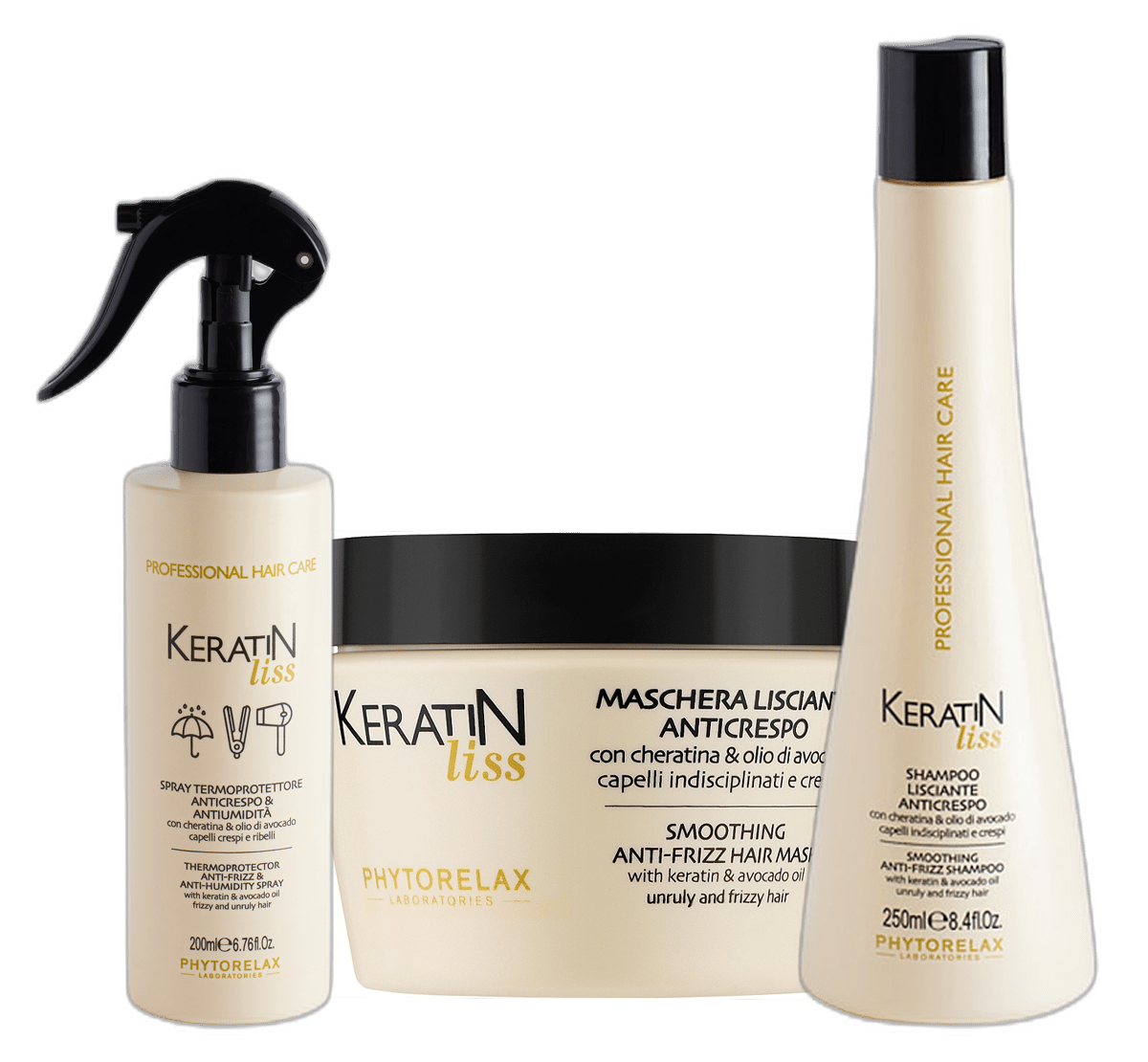 PHYTORELAX Keratin Liss Set – Shampoo + Haarmasker + Heat Protection Spray voor Pluizig en Onhandelbaar Haar - 700ml | MISTER33.COM