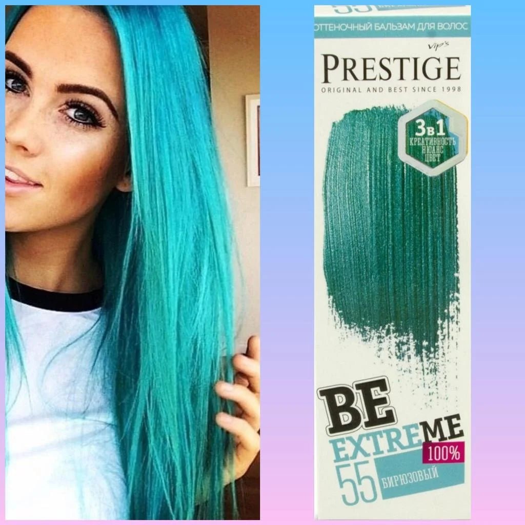 Prestige Semi-Permanente Blauwgroene Haarverf Set Turquoise – model met deze haarkleur en doosje kleuring
