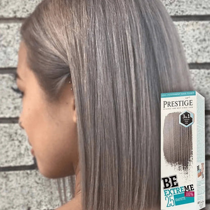 Prestige Semi-Permanente Grijze Haarverf Set Graphite Grey – model met deze haarkleur en doosje kleuring