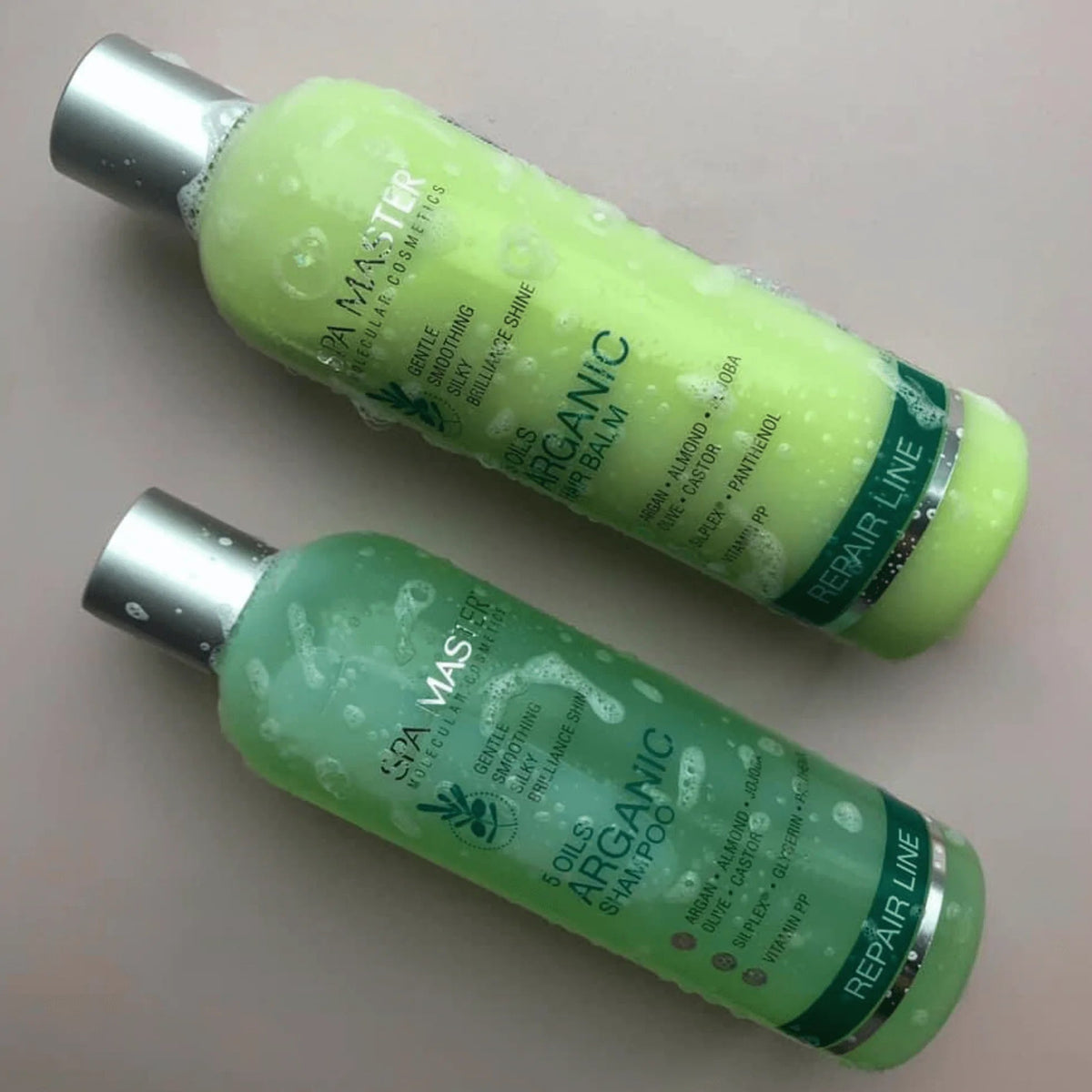 Spa Master Arganolie Voordeelverpakking – shampoo en haarbalsem liggend